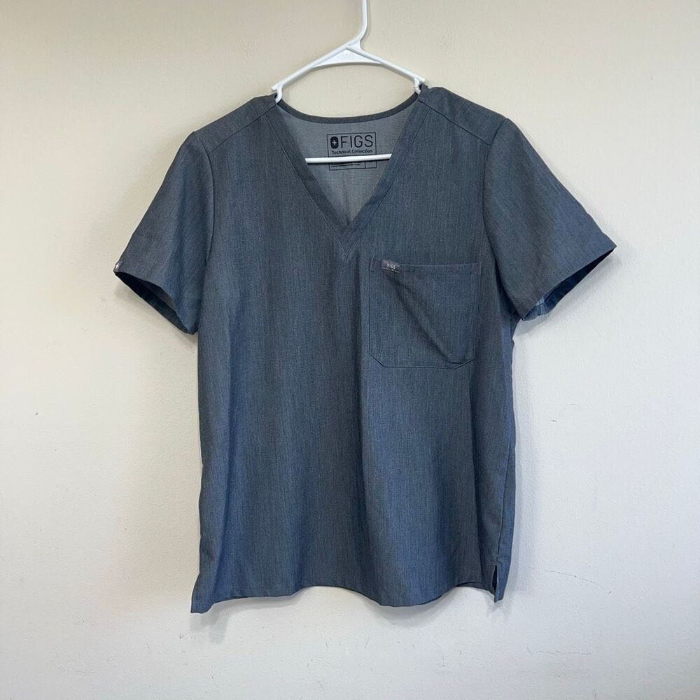 FIGS Womens Catarina Heather V-Neck One-Pocket Stretch Scrub Top Gray Medium